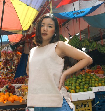 無袖襯衫，圓領，麻，麻混紡，自然色。