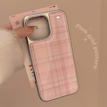 Twinko💗[CA1975]❥溫柔粉色格紋-質感銀邊殼/iPhone16 15 14 Pro MAX保護殼/防摔殼