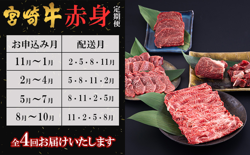  宮崎牛 赤身 全4回 ステーキ 焼肉 ブロック サイコロ カット 角切り スライス 薄切り うす切り 冷凍 送料無料 予約 国産 牛 肉 宮崎県産 炒め物 バーベキュー BBQ すき焼き しゃぶしゃぶ 煮込み 普段使い 肉巻き 牛丼 ヘルシー あっさり