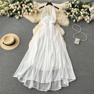 無袖V領掛脖連衣裙女夏季新款溫柔氣質露背性感收腰顯瘦長裙子潮