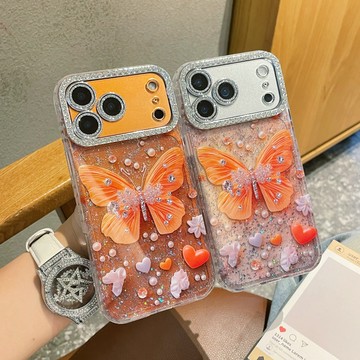 全包鏡頭炫彩蝴蝶防摔手機殼 適用蘋果17手機殼 閃鑽 iPhone 17 16 15 14 PRO max防摔殼 保護殼