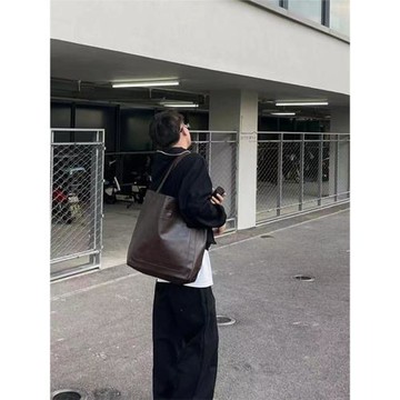 YUEN軟皮手提單肩復古油臘皮大容量托特包男女小眾高級感商務通勤