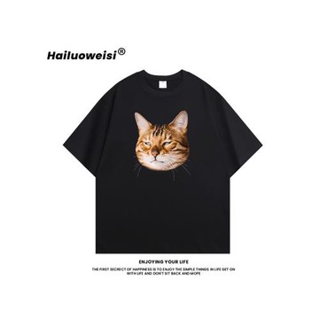 白眼橘貓重磅純棉短袖T恤夏季設計感小眾百搭男女款印花上衣ins潮
