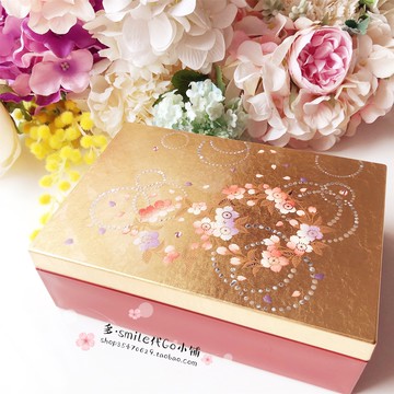 山中漆器金箔寶石櫻花帶鏡子首飾盒儲物盒婚嫁禮物6V-354