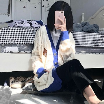 美式復古國潮奶甜可愛風毛衣開衫女情侶秋冬學院風復古針織衫外套