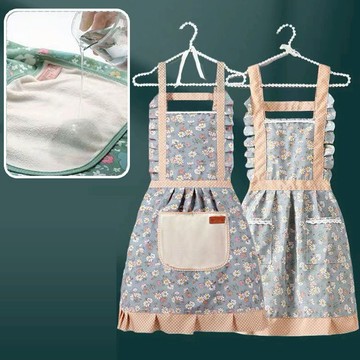 田園風小碎花廚房圍裙(可擦手設計) 洋氣透氣布藝薄款蕾絲公主圍裙 背帶式背心圍裙 廚房防水防油圍裙