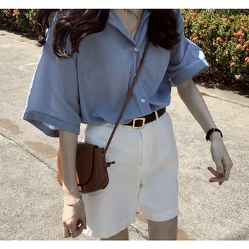 現貨 ⓇⒺⓃⒶ｜雪紡寬鬆短袖上衣_百搭/春夏款/質感/襯衫/修身/雪紡/復古/素色/素色襯衫/短襯衫【R21484】