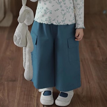 TONGMO - 翻折腰頭花邊工裝直筒寬褲-深藍色