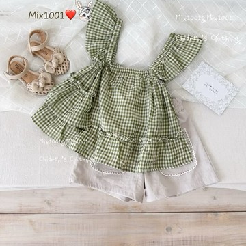 🌈✨mix1001清涼夏日 荷葉邊小方格無袖上衣✨兒童花邊造型上衣5-17