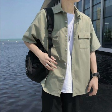 男裝純色工裝風男裝夏季短袖襯衫薄款百搭五分半袖