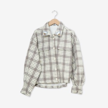 【Dailo】領子喵下襬抽繩調節十字格紋外套 灰