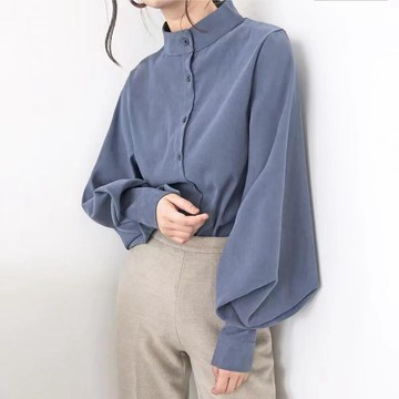 S-3XL 大尺碼 長袖上衣 襯衫女 設計感小眾春秋季磨毛寬松顯瘦立領燈籠袖洋氣長袖襯衫女