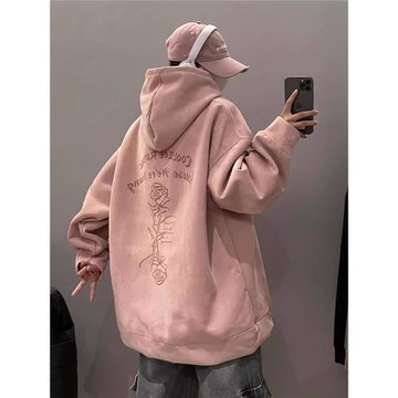 加絨連帽衛衣男款春秋季重磅麂皮絨字母高街舞服寬松帽衫外套粉色