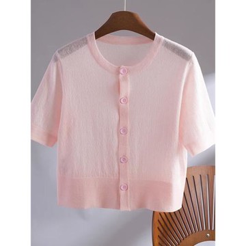 純色百搭上衣減齡時尚冰絲針織開衫短袖新款簡約高級感舒適洋氣女