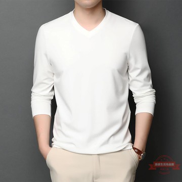 2020秋季新款V領桑蠶絲長袖t恤男莫代爾男裝體恤素色內搭打底衫潮