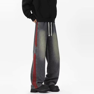 美式復古條紋拼接做舊牛仔褲男時尚潮流設計感寬褲男