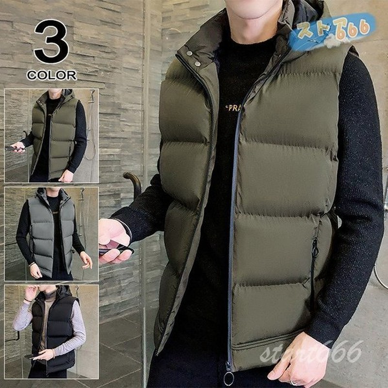 中綿ベスト メンズ フード付きベスト 秋冬 ベスト 防寒 アウター ダウンベスト チョッキ フルジップ 21 敬老の日 通販 Lineポイント最大get Lineショッピング