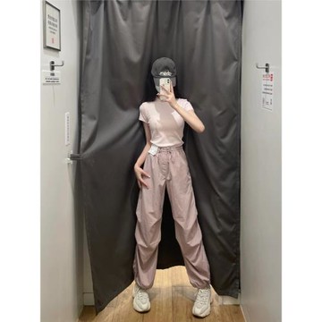 降落傘褲！復古美式休閑工裝褲傘兵褲抽繩運動束腳長褲闊腿褲女夏