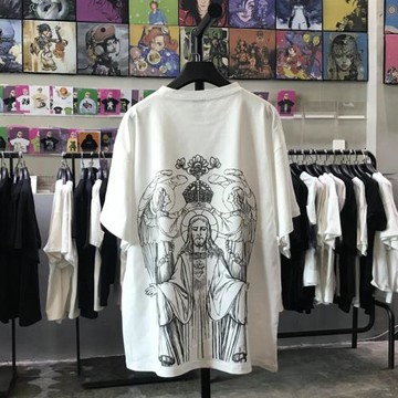 2023手繪教父潮牌短袖男后背印花落肩袖打底衫寬松五分袖圓領t恤