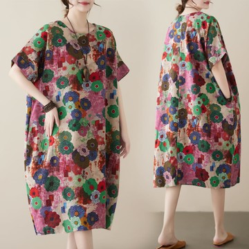 AKARA 消暑棉麻桃梨涼感短袖洋裝(春夏/ 涼感 /棉麻 /寬版均碼 /中大尺碼)