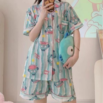 韓國條紋漢頓睡衣女夏季款小丑魚短袖短褲日系ins卡通學生家居服