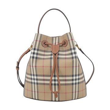 BURBERRY Lola TBLOGO格紋帆布束口水桶包(石楠木棕色)