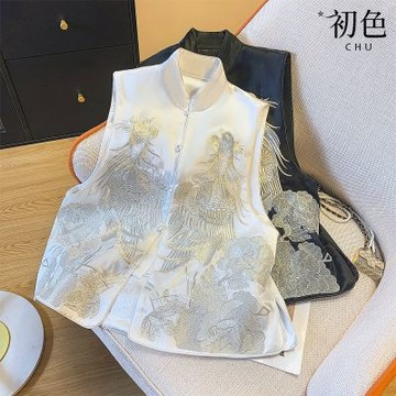初色 中國風復古刺繡單排盤扣開衩下擺立領無袖坎肩馬甲背心女背心-共2色-15069(M-2XL可選)