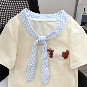 【免運】臺灣出貨 KOKA 學院風小狗刺繡格紋蝴蝶結領帶短袖T恤女 夏季顯瘦正肩短款上衣 ins 上衣 短袖 短袖上衣