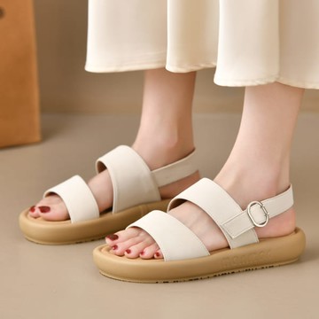 【現貨出清】甜美一字帶側釦環露趾平底涼鞋．白鳥麗子