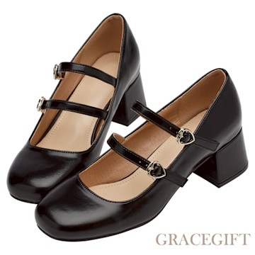 【Grace Gift】女團穿搭方頭愛心雙帶中跟瑪莉珍鞋 黑