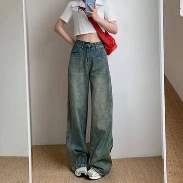 2024年新款美式復古做舊藍色高腰闊腿牛仔褲女百搭拖地褲長褲