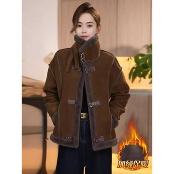 美拉德穿搭皮毛一體外套女2025年冬季新款加絨加厚羊羔毛機車上衣