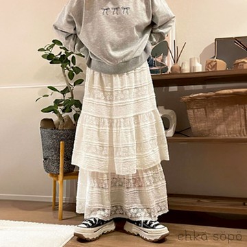【ehka sopo】氣質蕾絲蛋糕分層抓皺壓紋長裙