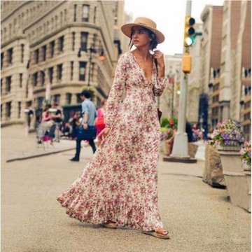 亞馬遜ebay速賣通熱賣歐美花色性感V領時尚長袖連衣裙女潮 好質量