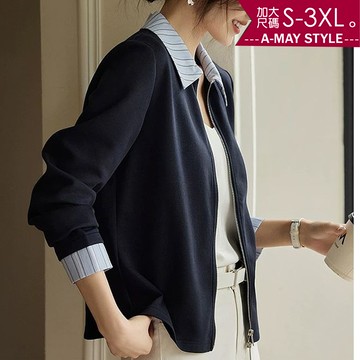 加大碼外套 假兩件 百搭拼接條紋修身顯瘦上衣 (S-3XL)【XAM0961】＊艾美時尚(現+預)