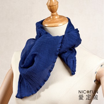 NicoFun 愛定做 魅力68 柳葉絲 寶藍 圍脖(四季可戴 真絲 領巾 藍色 圍巾 素色 頸巾 桑蠶絲巾 皺褶絲巾