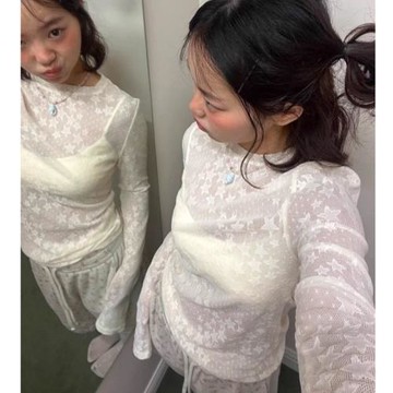 日系風格透視星星百搭蕾絲長袖蕾絲打底衫女春秋內搭上衣網紗T恤