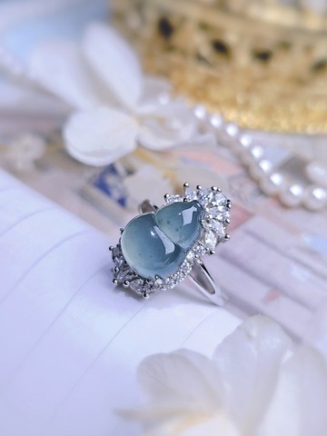 有福有財|冰玻起膠藍翡大葫蘆|A貨翡翠純銀豪鑲戒指