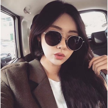 現貨-韓版ulzzang時尚百搭太陽眼鏡女百搭男女同款太陽鏡圓形大框墨鏡黑色經典造行墨鏡復古小圓框雙槓雙樑金屬墨鏡236