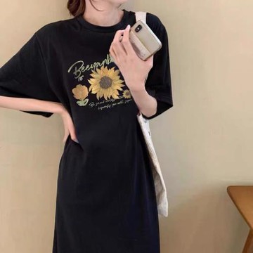 【LANNI 藍尼】★向日葵印花長版連衣裙(女上衣/短袖/休閒)