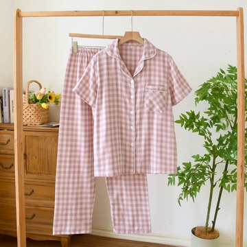 100%全棉夏季女士短袖長褲睡衣套裝色織棉紗 雙層紗布格子簡約女短袖睡衣家居服