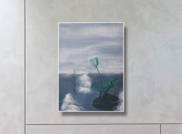*迷霧系列-在池塘的一株蓮花跟霧團*  手繪油畫  非印刷品