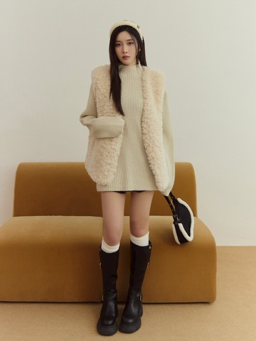 怕冷星人專屬；小高領針織毛衣+毛毛口袋背心