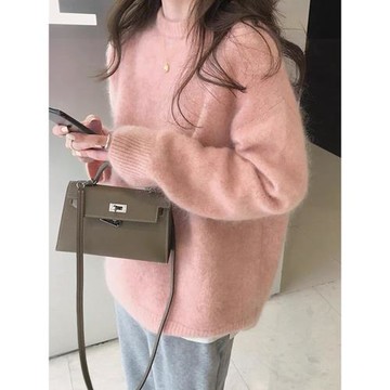 韓系粉色浣熊絨套頭毛衣女秋冬加厚寬松慵懶風高級感針內搭針織衫