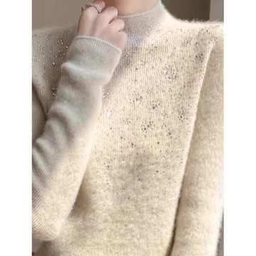 重工時尚燙鉆半高領毛衣女寬松內搭打底衫秋季新款中領針織羊毛衫