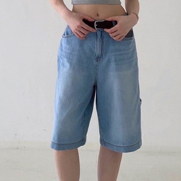 韓國女裝連線 - 彈性腰小男孩風格丹寧5分褲-淺藍