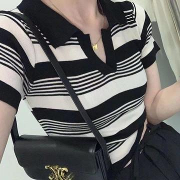 【砂糖夢境】復古撞色條紋polo領短袖針織衫女夏修身顯瘦短款小個子高腰上衣潮