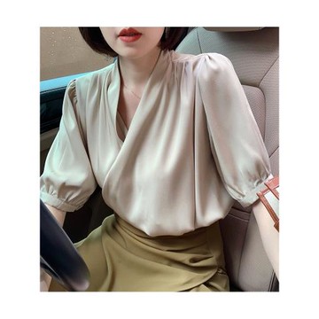 高級感V領半袖雪紡襯衫女裝夏季2025新款短袖薄款泡泡袖小衫上衣