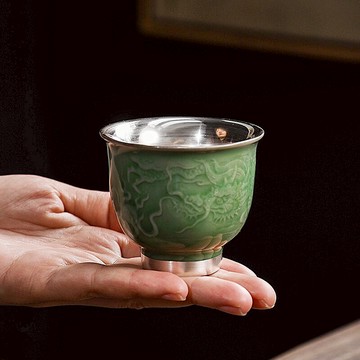 影雕鎏銀茶杯999銀手工陶瓷單杯子品茗杯茶盞送禮龍鳳鑲銀主人杯