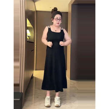 大碼法式黑色吊帶裙女夏季胖mm顯瘦寬松背心裙a字遮肚子連衣裙子